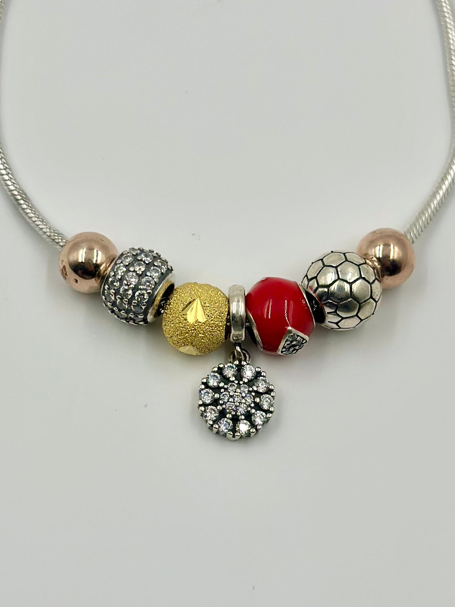 Oxidised, zircon studded, flower-circle shaped sterling silver charm bracelet