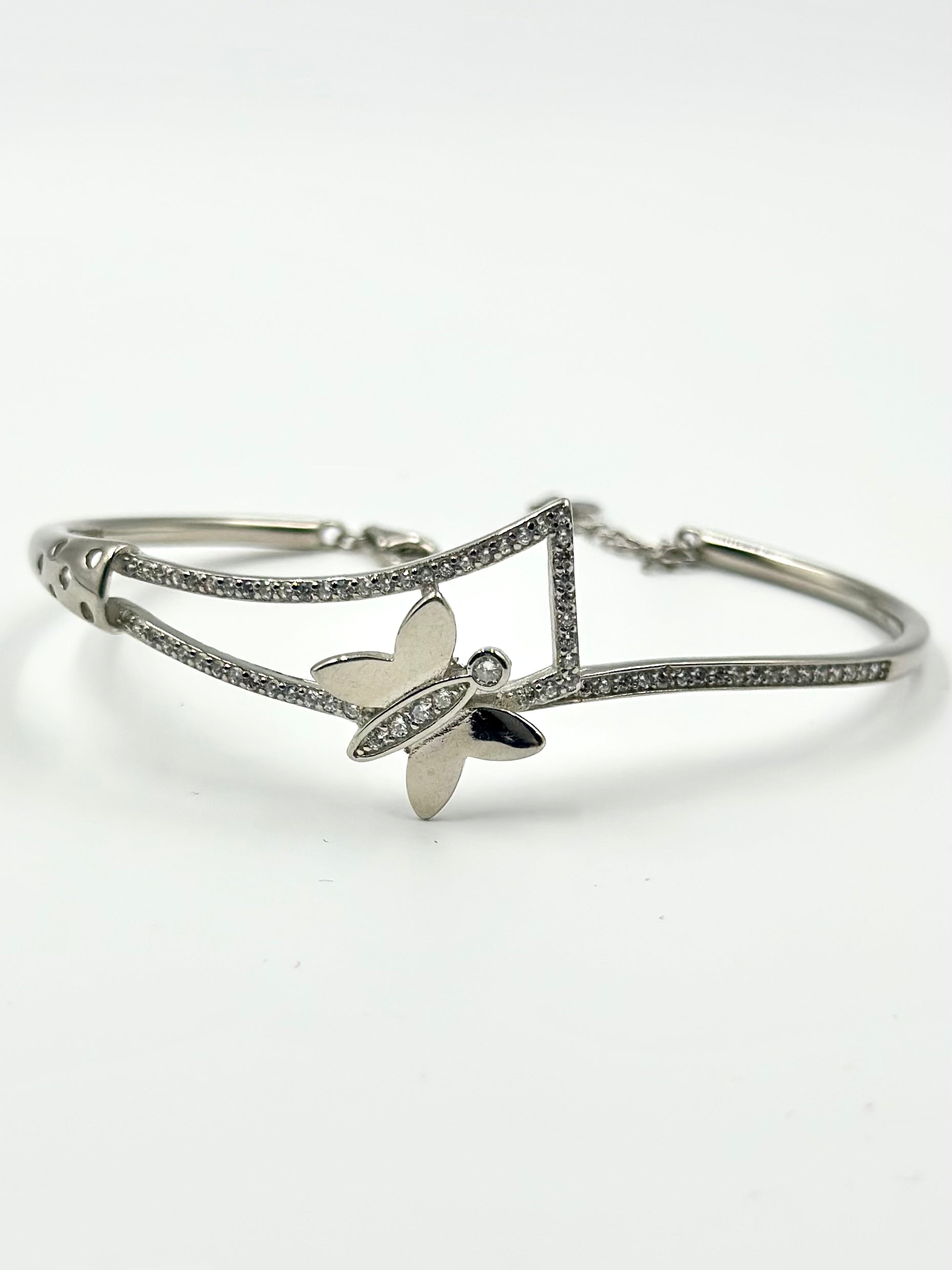 Zircon studded, butterfly shaped sterling silver cuff bracelet