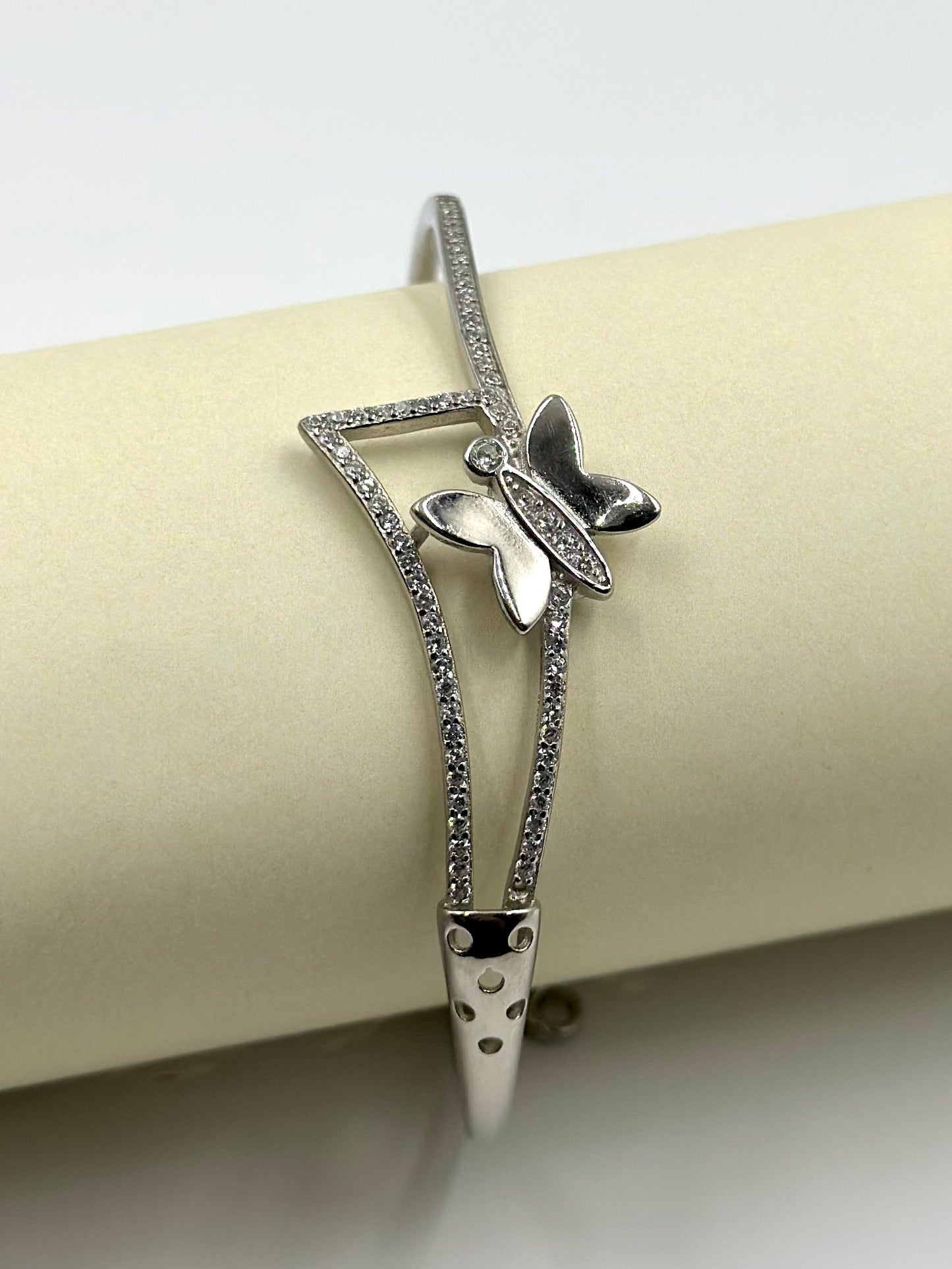 Zircon studded, butterfly shaped sterling silver cuff bracelet