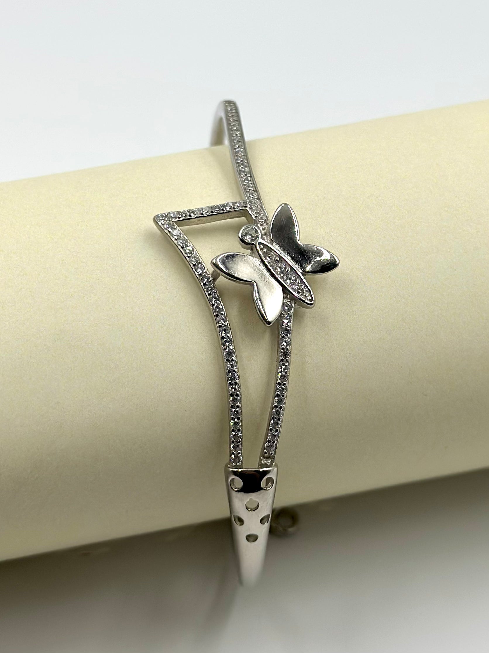 Zircon studded, butterfly shaped sterling silver cuff bracelet