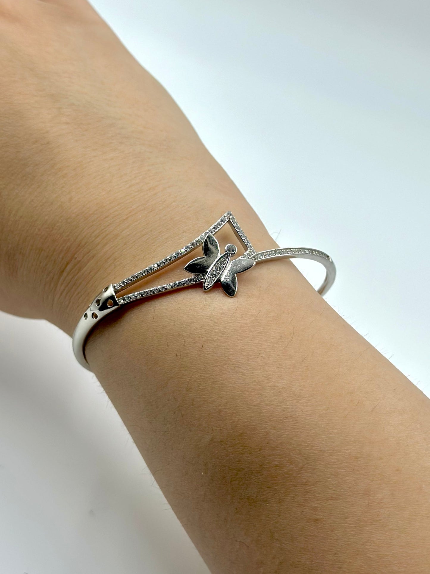 Zircon studded, butterfly shaped sterling silver cuff bracelet