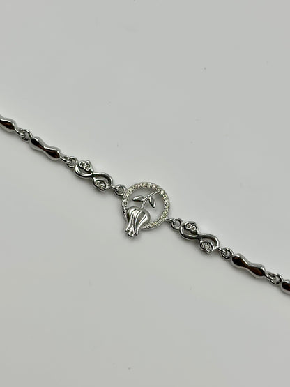Zircon studded, rose design sterling silver link bracelet