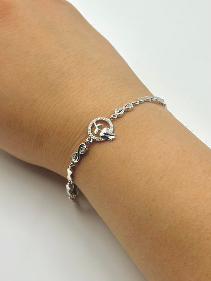 Zircon studded, rose design sterling silver link bracelet