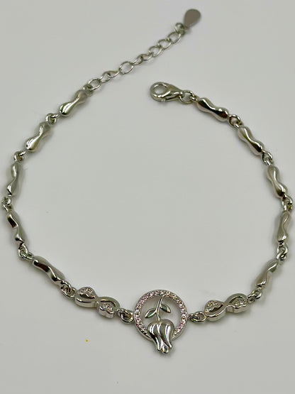 Zircon studded, rose design sterling silver link bracelet