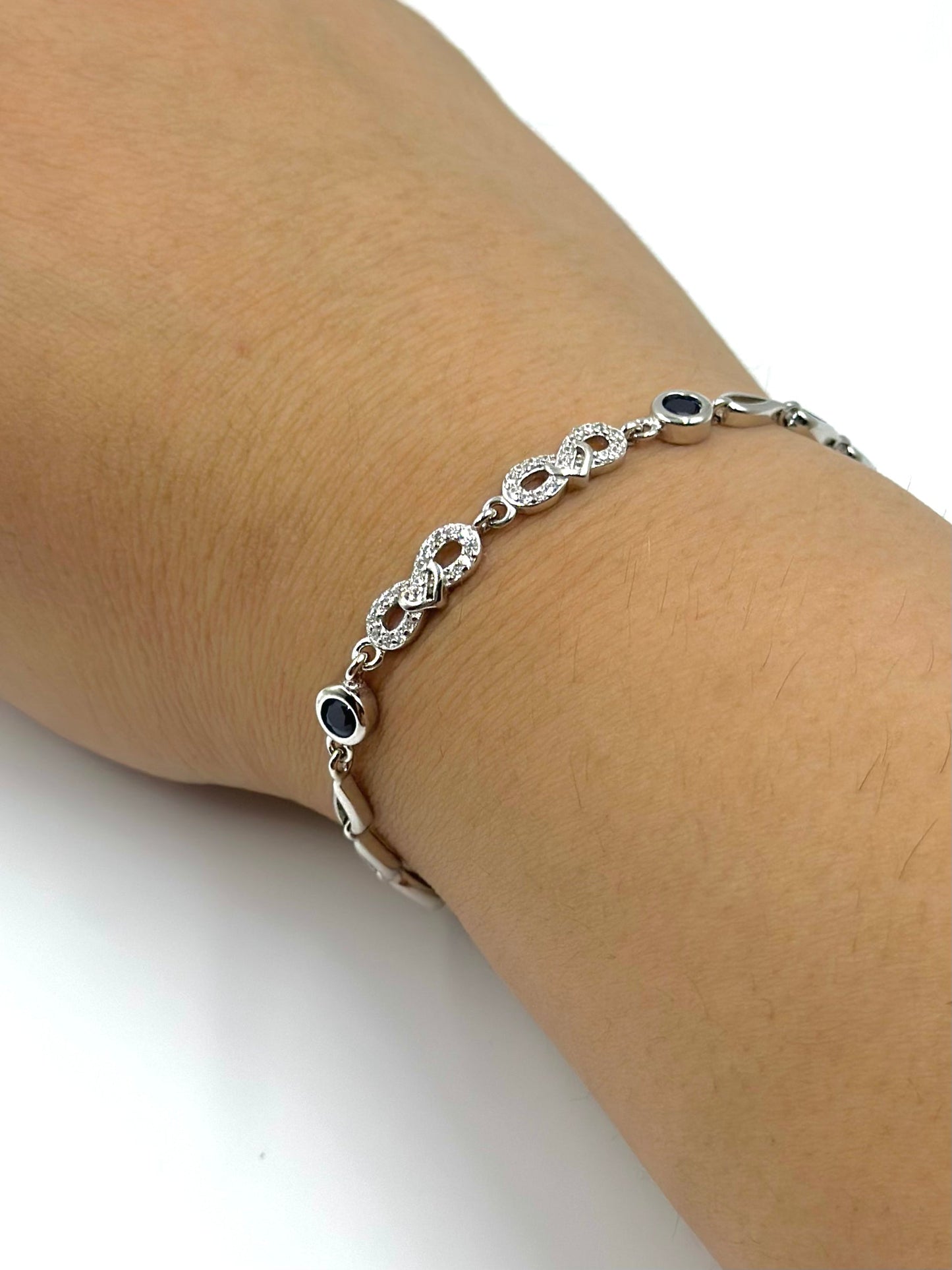Zircon studded sterling silver link bracelet