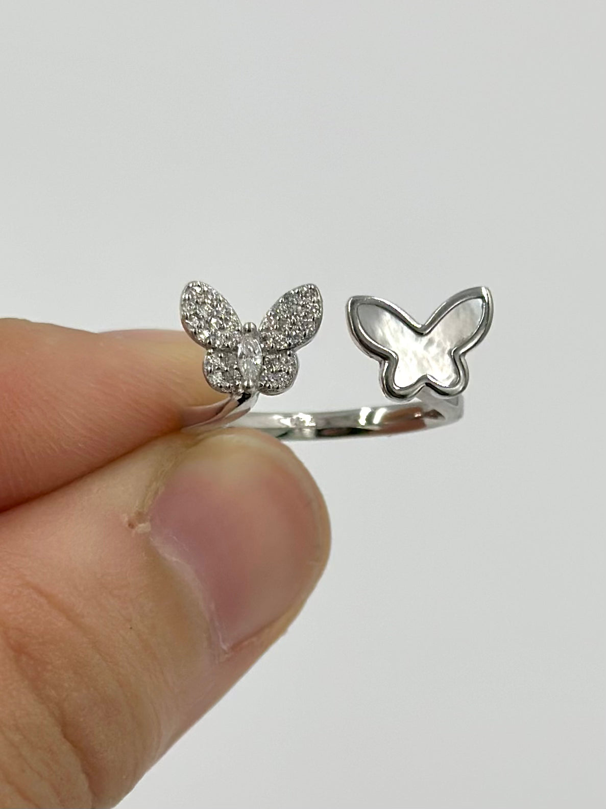 Butterfly shaped, zircon studded sterling silver artisanal ring