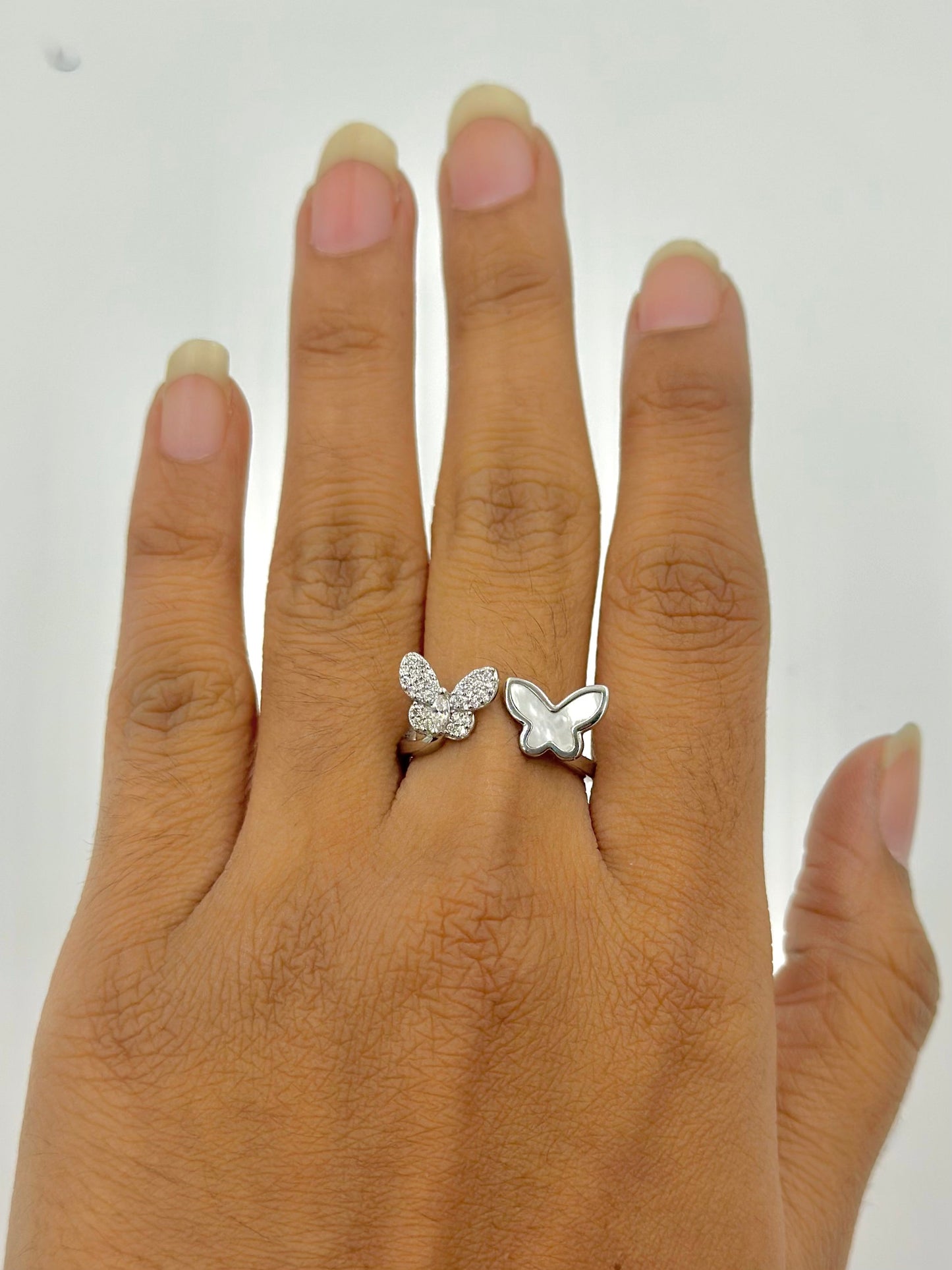 Butterfly shaped, zircon studded sterling silver artisanal ring