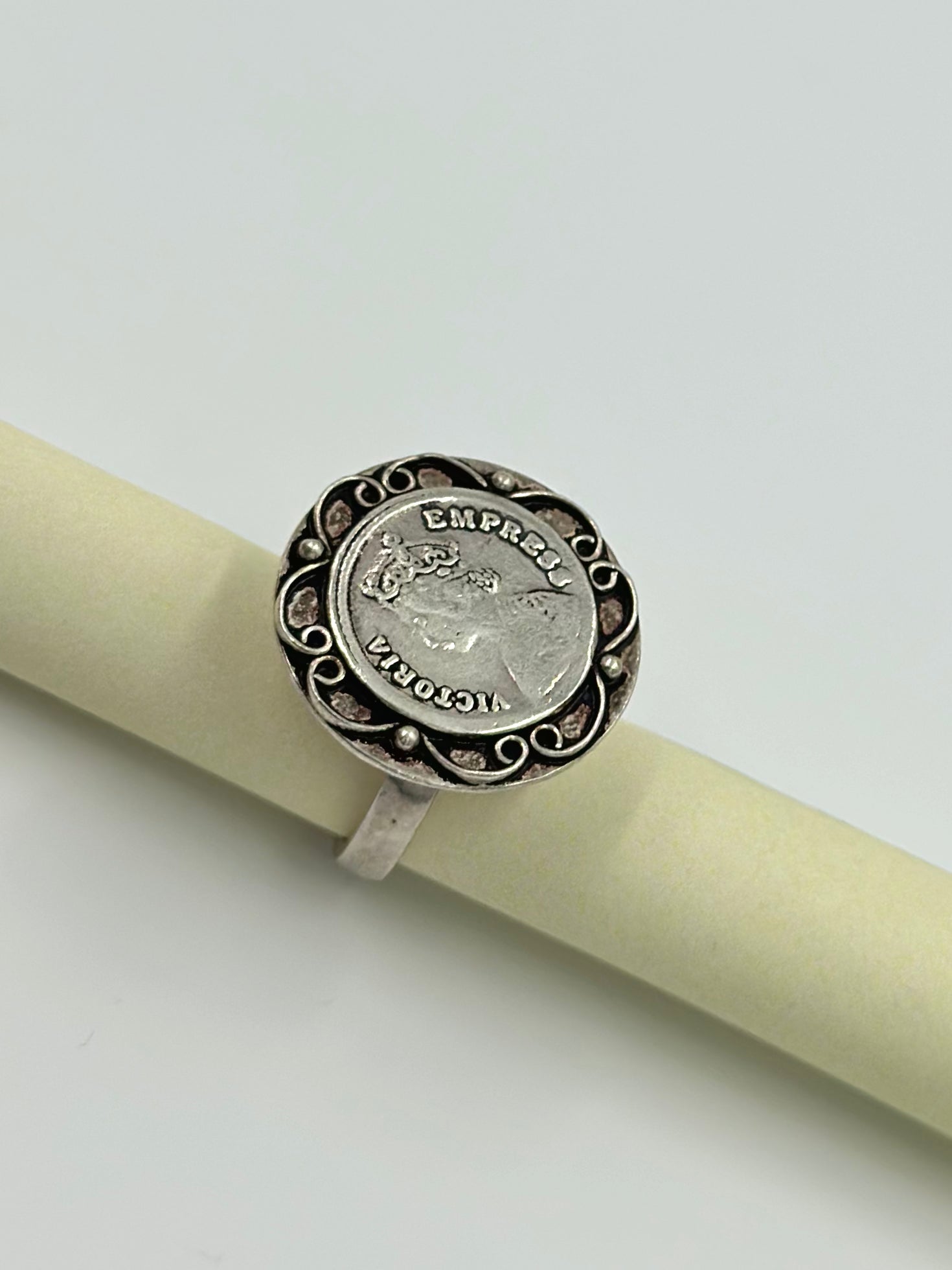 Oxidised, round shaped sterling silver cocktail ring