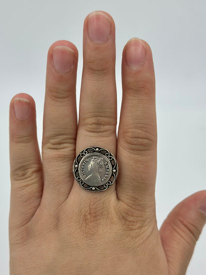 Oxidised, round shaped sterling silver cocktail ring