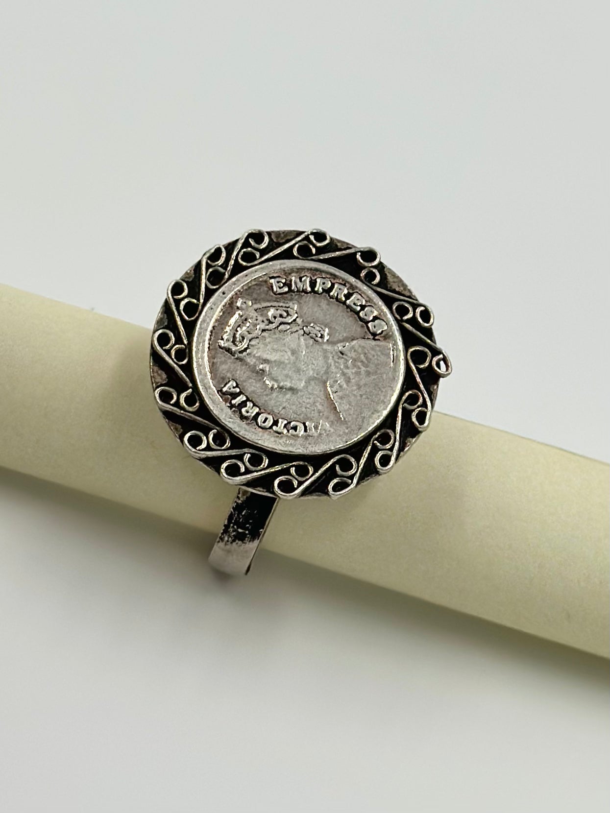 Oxidised, round shaped sterling silver cocktail ring