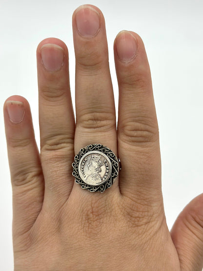 Oxidised, round shaped sterling silver cocktail ring