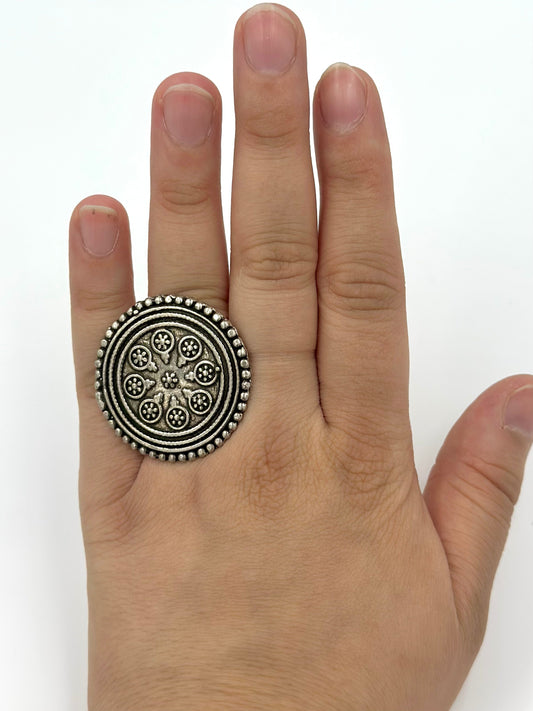 Oxidised, round shaped with fine detailing sterling silver cocktail ring