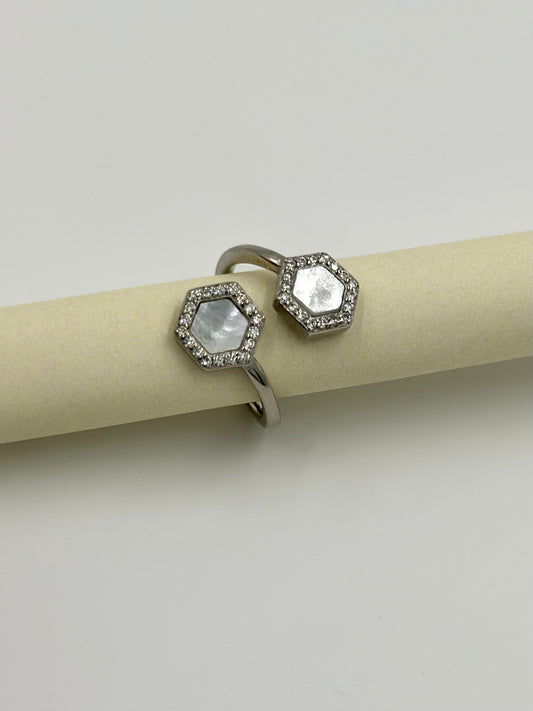 Zircon studded, hexagon shaped sterling silver artisanal ring
