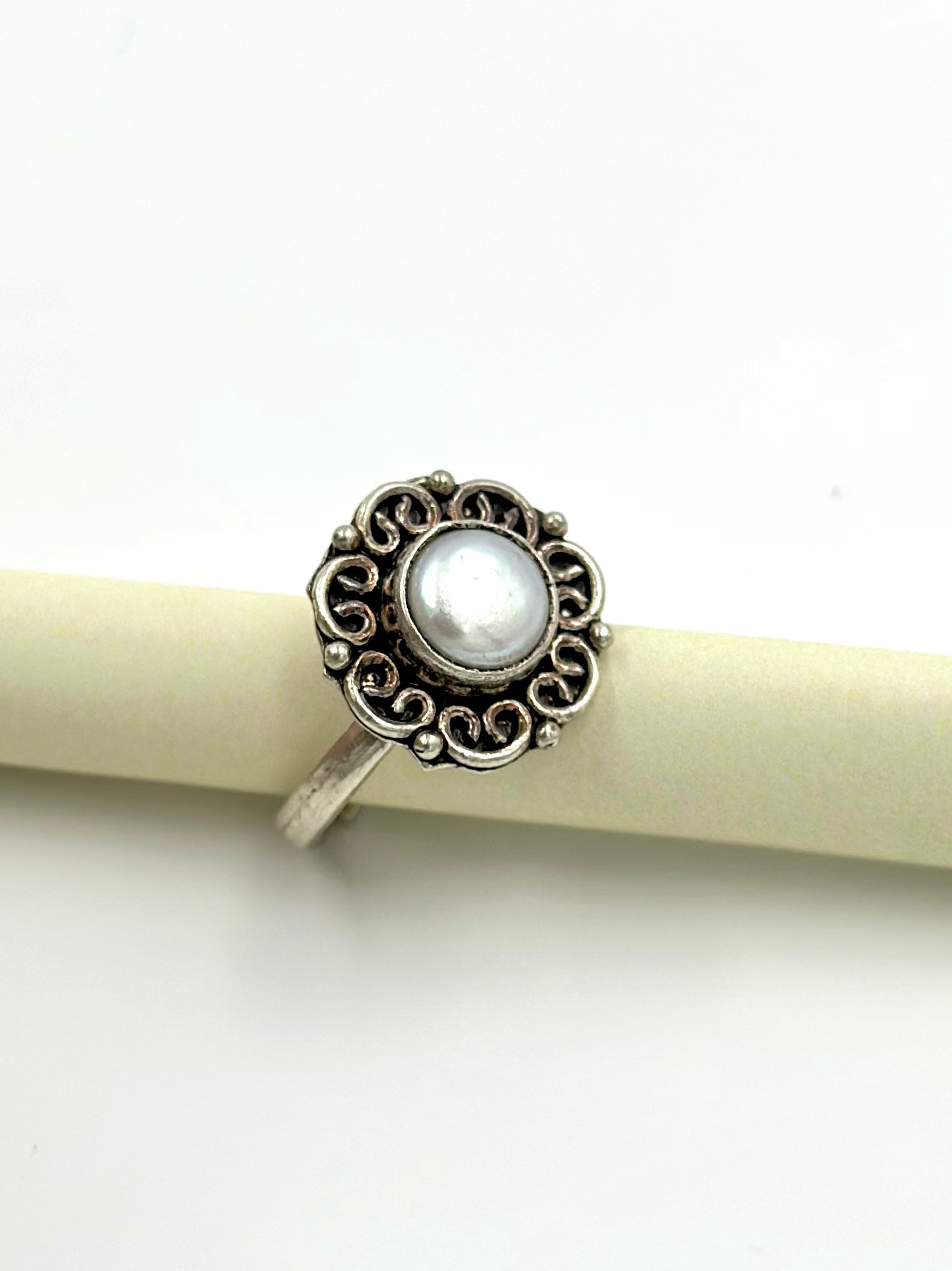 Oxidised, pearl studded sterling silver cocktail ring