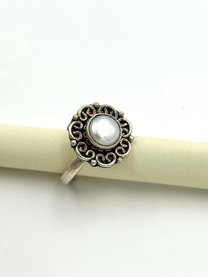 Oxidised, pearl studded sterling silver cocktail ring