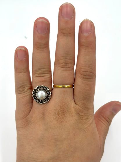 Oxidised, pearl studded sterling silver cocktail ring