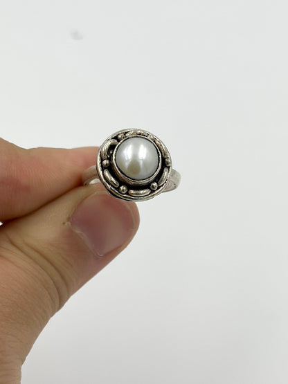 Oxidised, pearl studded sterling silver cocktail ring