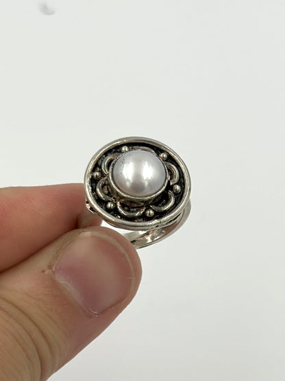 Oxidised, pearl studded sterling silver cocktail ring