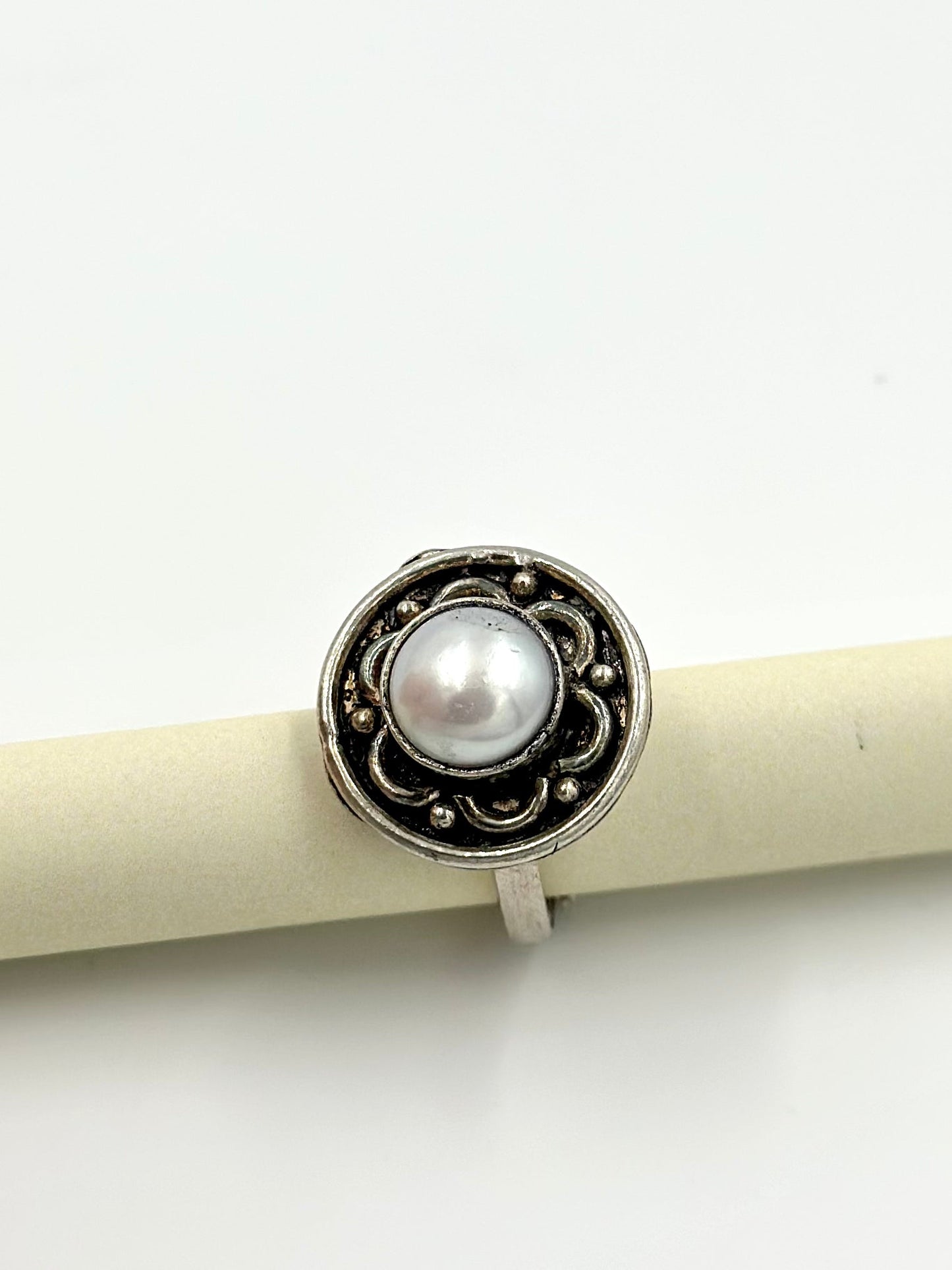 Oxidised, pearl studded sterling silver cocktail ring