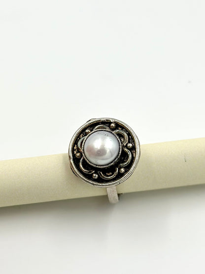 Oxidised, pearl studded sterling silver cocktail ring