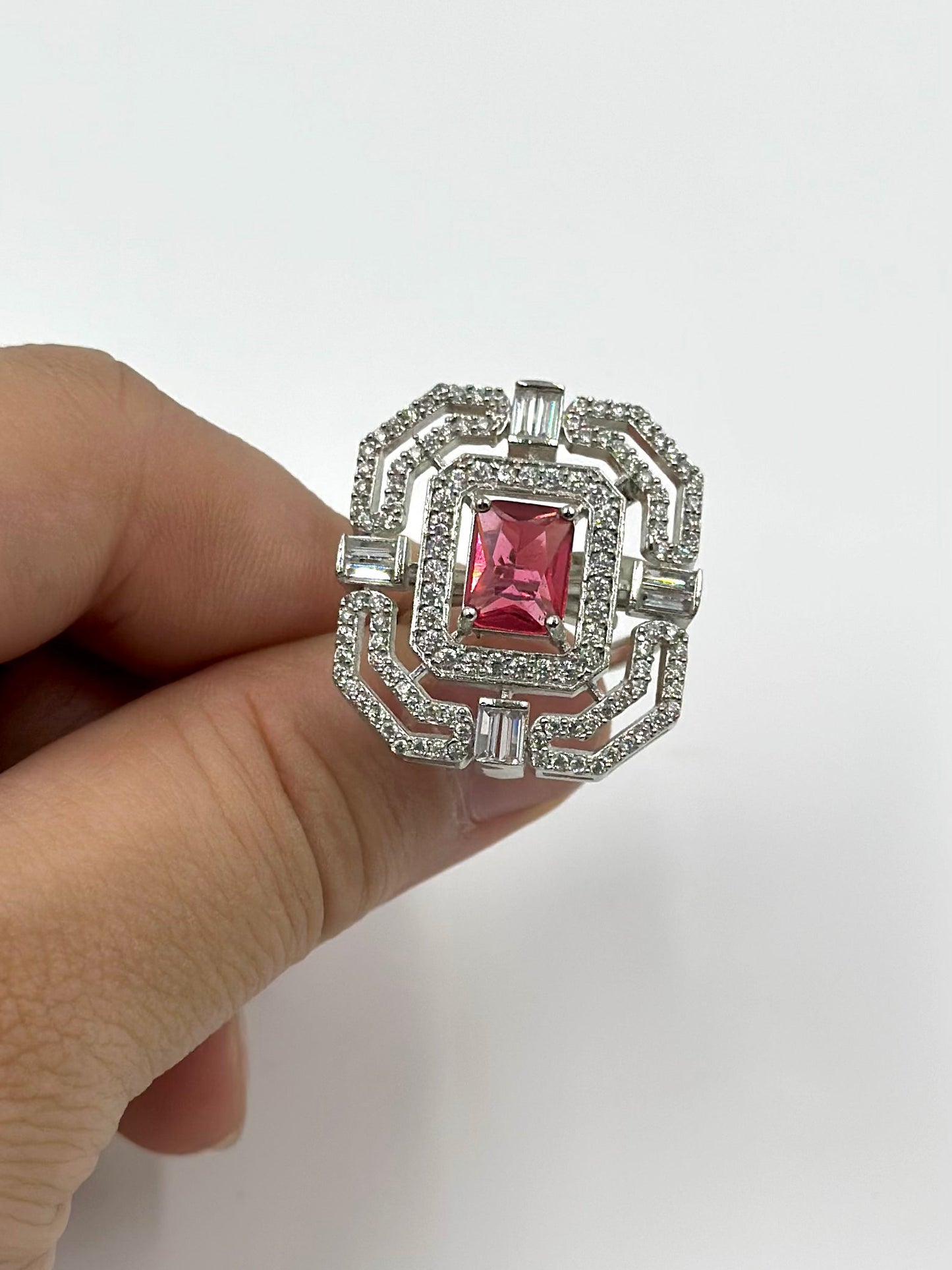 Ruby and zircon studded sterling silver cocktail ring