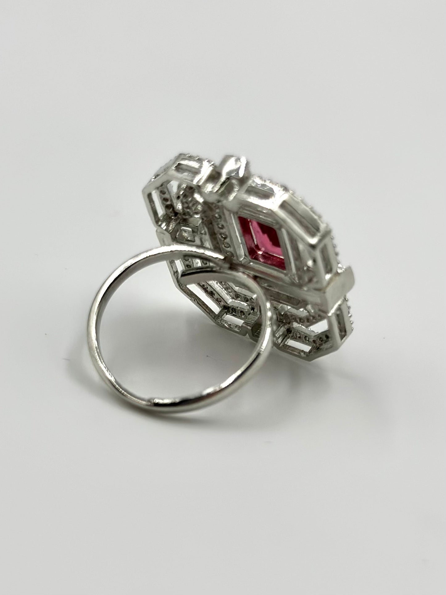 Ruby and zircon studded sterling silver cocktail ring