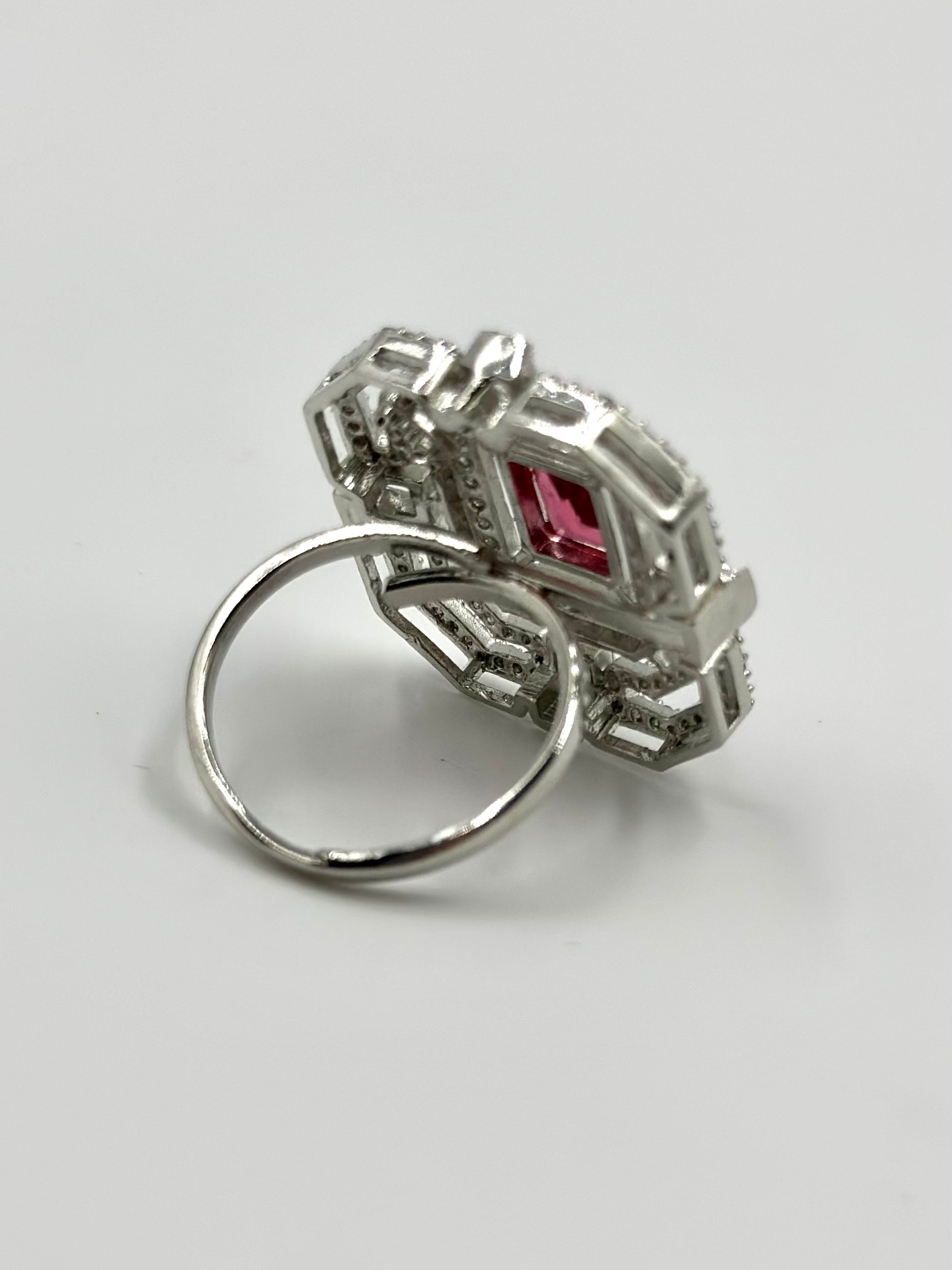 Ruby and zircon studded sterling silver cocktail ring