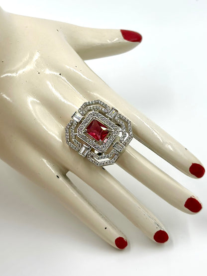 Ruby and zircon studded sterling silver cocktail ring