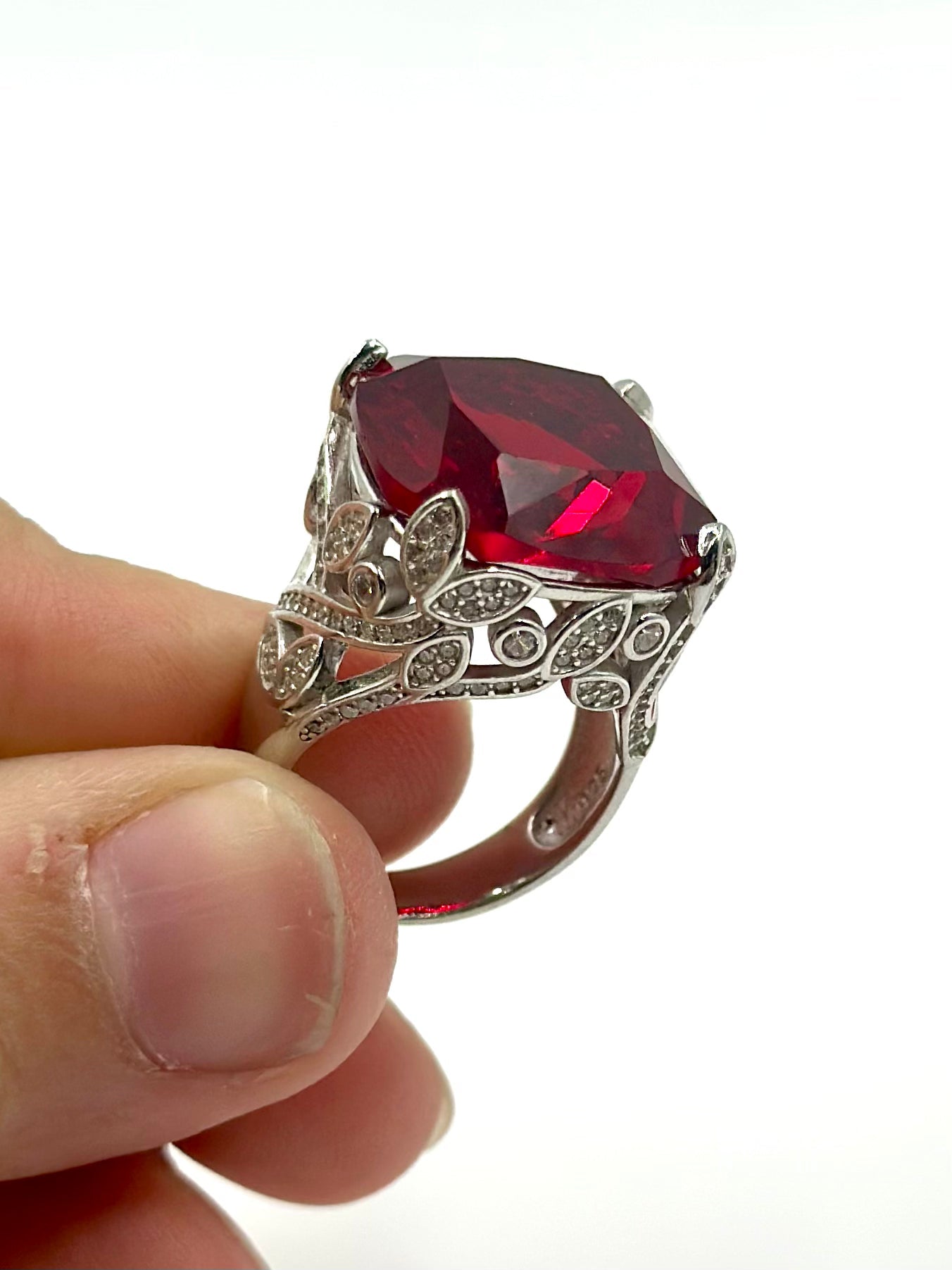 Ruby and zircon studded sterling silver cocktail ring