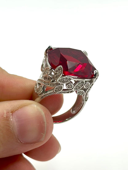 Ruby and zircon studded sterling silver cocktail ring
