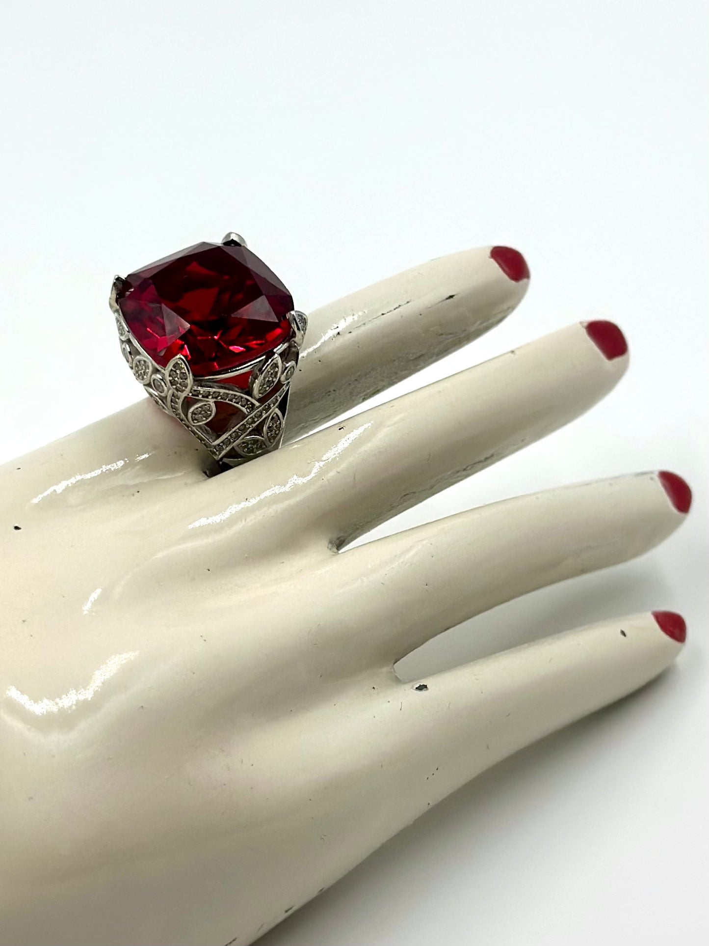 Ruby and zircon studded sterling silver cocktail ring