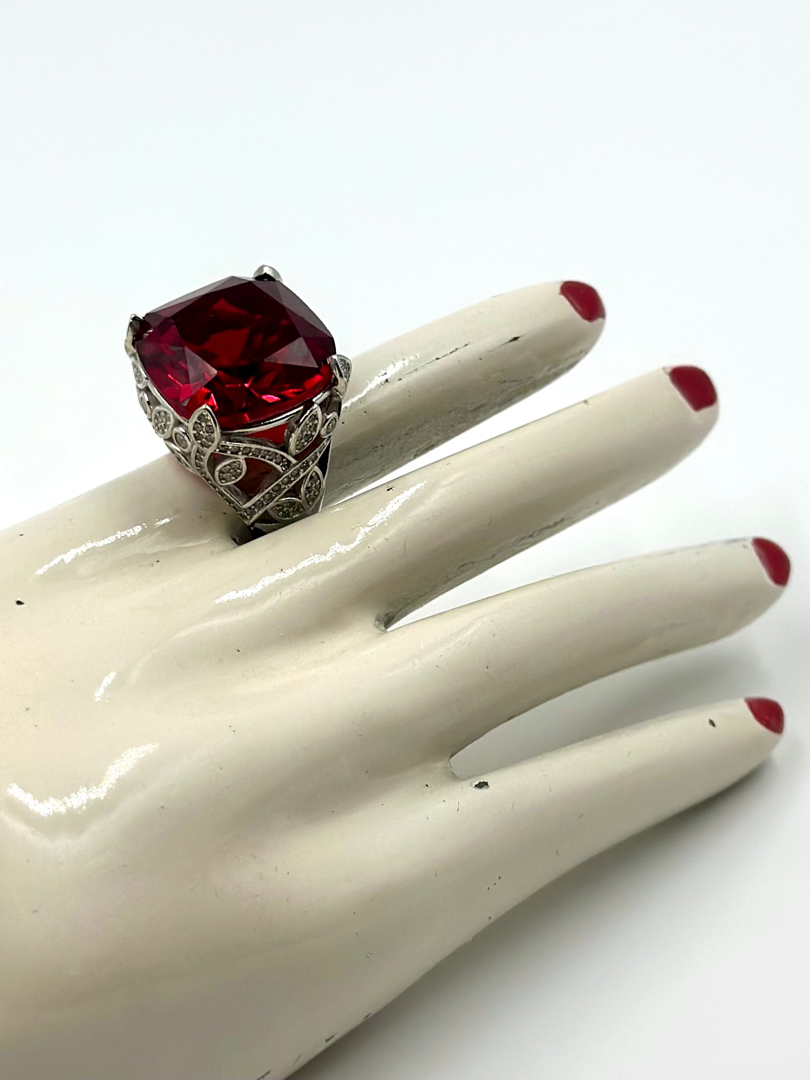 Ruby and zircon studded sterling silver cocktail ring