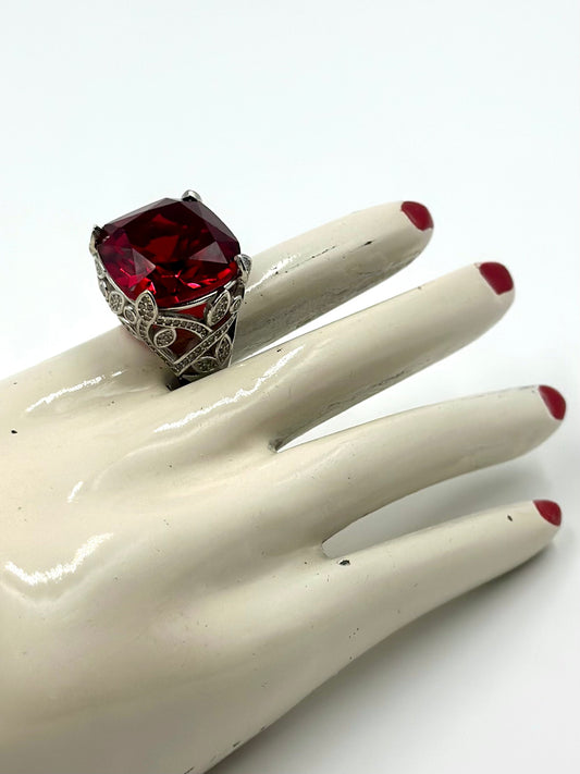 Ruby and zircon studded sterling silver cocktail ring