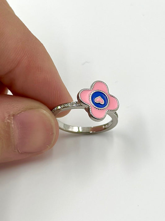 Zircon studded, enamel coated, flower shaped, spinner design sterling silver artisanal ring