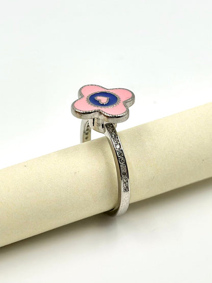 Zircon studded, enamel coated, flower shaped, spinner design sterling silver artisanal ring