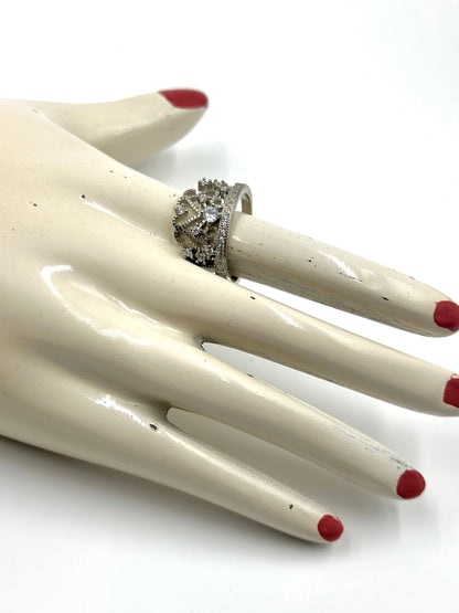 Zircon studded, crown shaped sterling silver cocktail ring