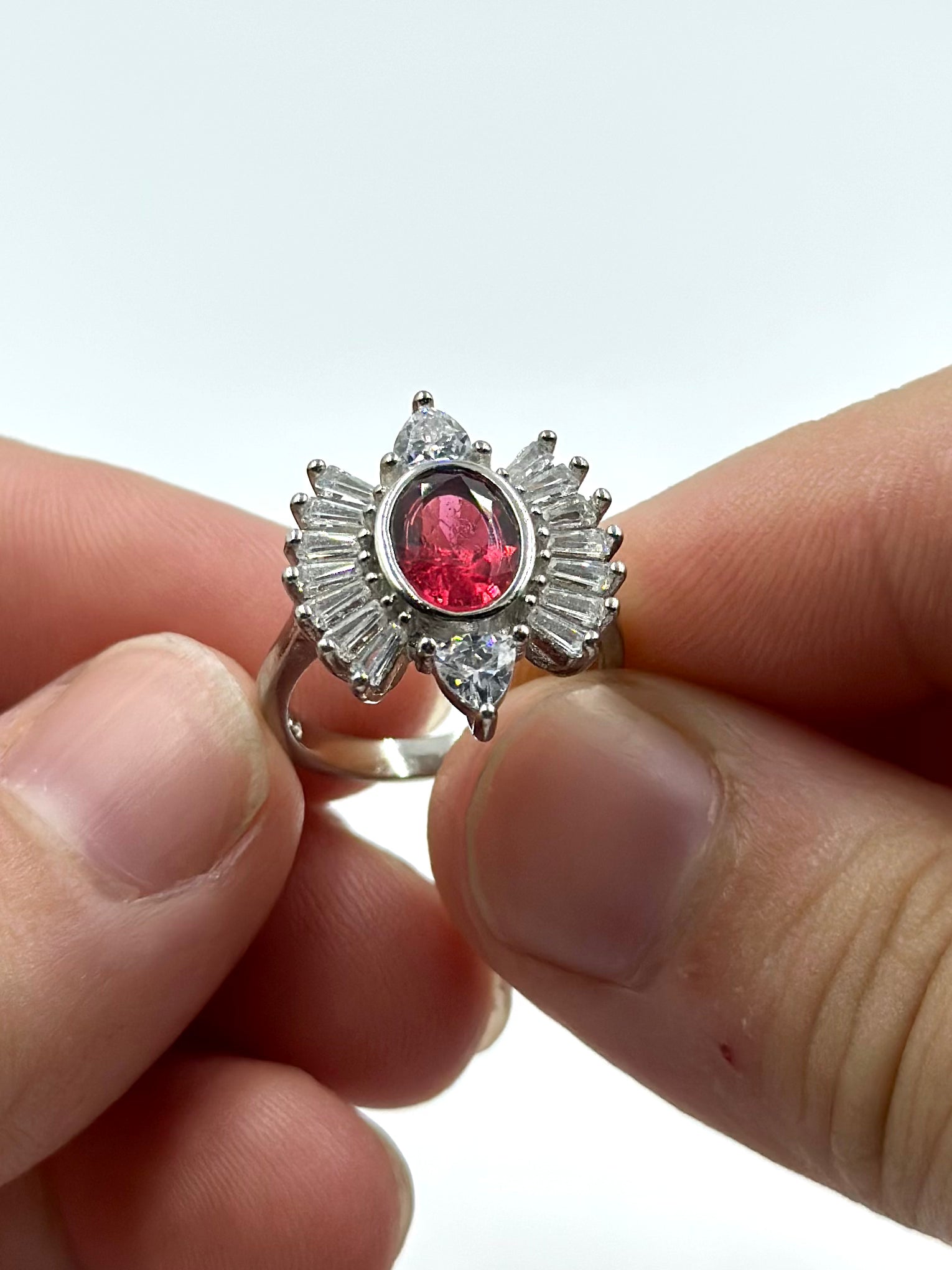 Zircon and ruby studded sterling silver cocktail ring