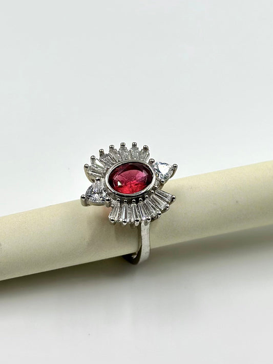Zircon and ruby studded sterling silver cocktail ring