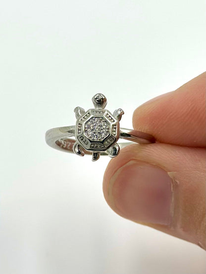Zircon studded, turtle shaped sterling silver artisanal ring