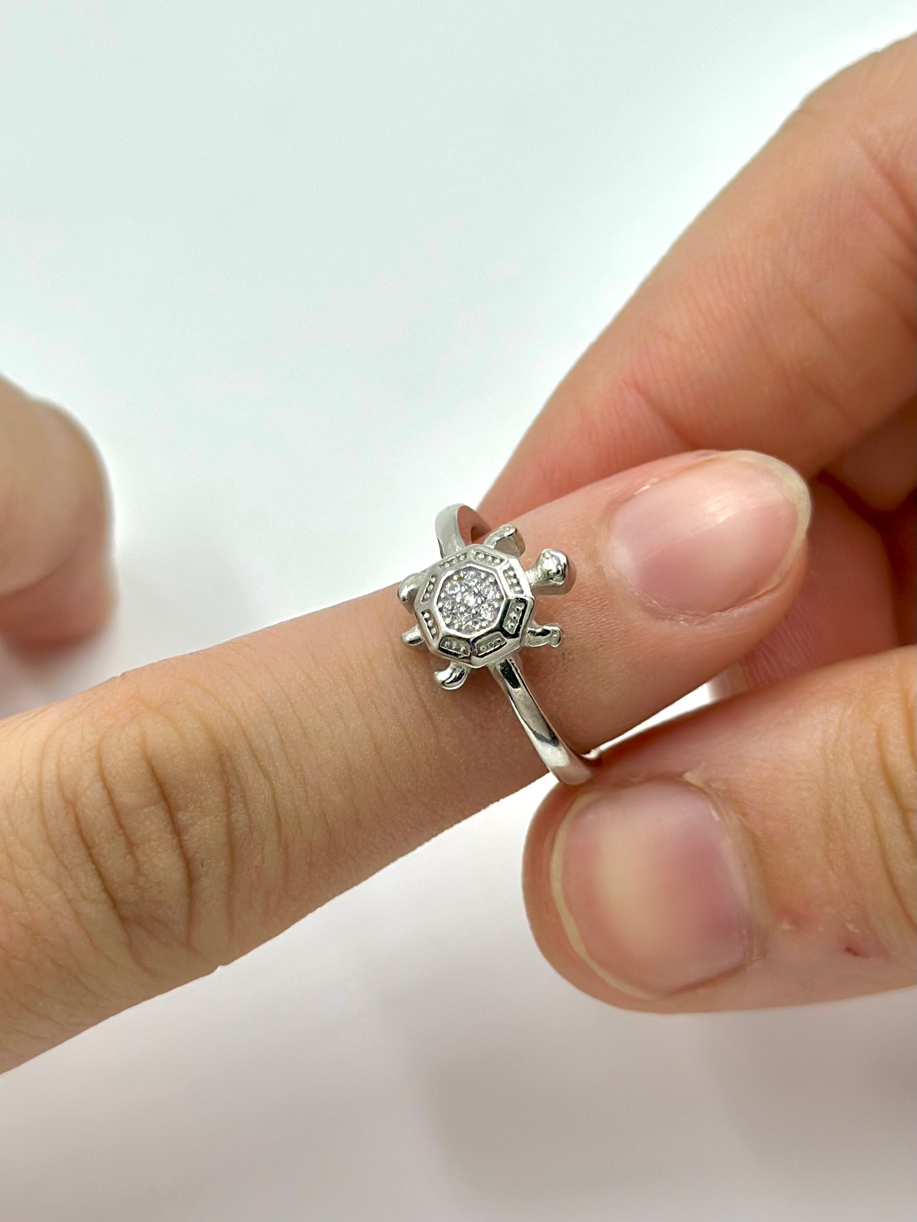 Zircon studded, turtle shaped sterling silver artisanal ring