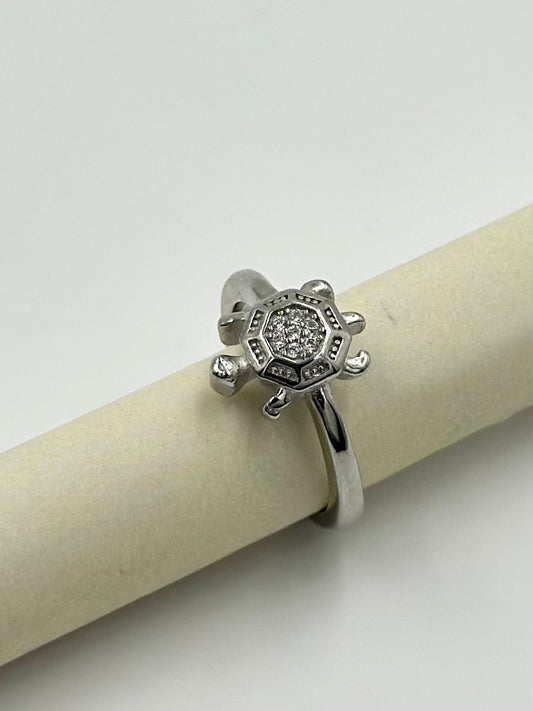 Zircon studded, turtle shaped sterling silver artisanal ring