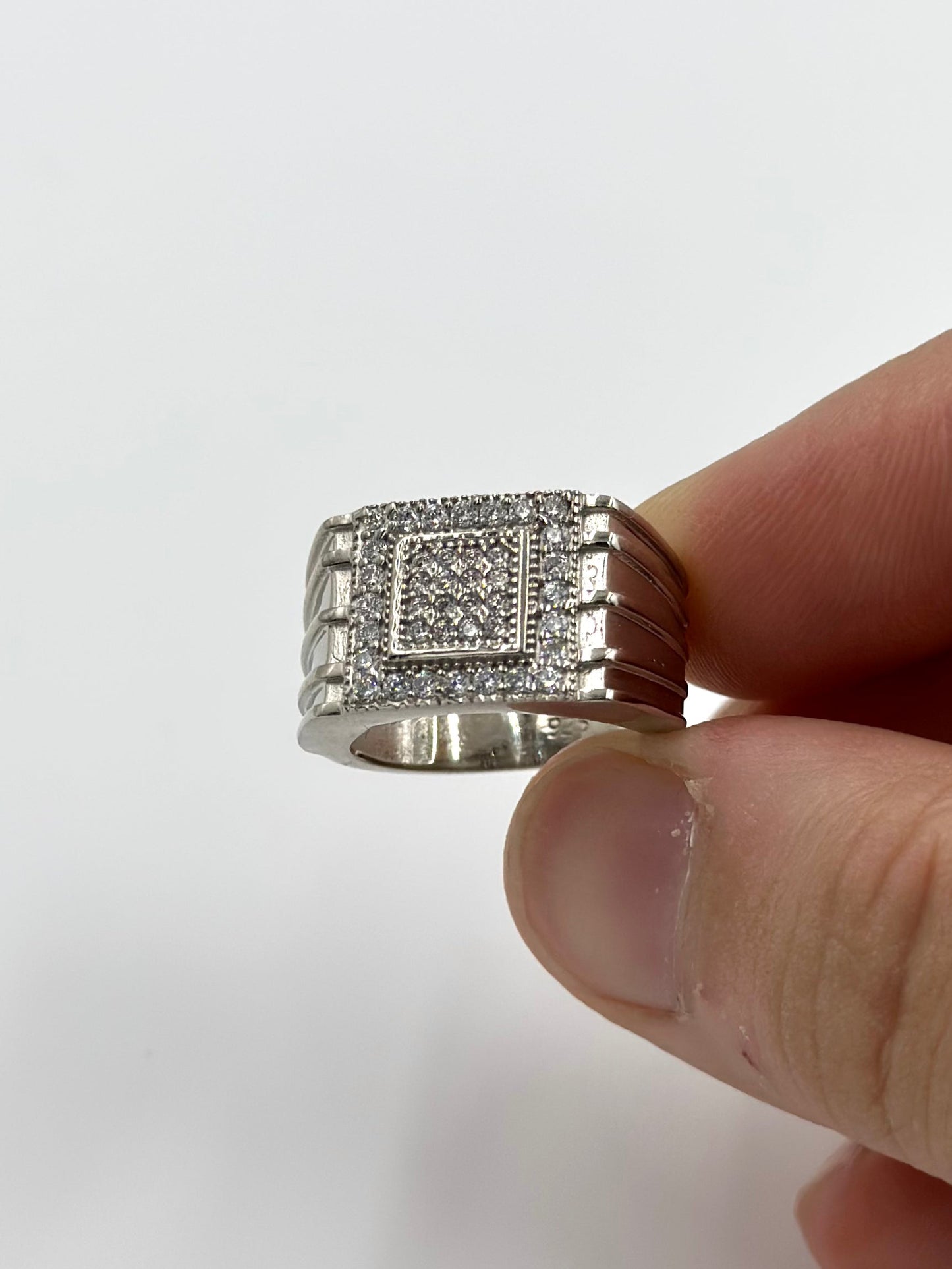 Zircon studded, square shaped sterling silver cocktail ring