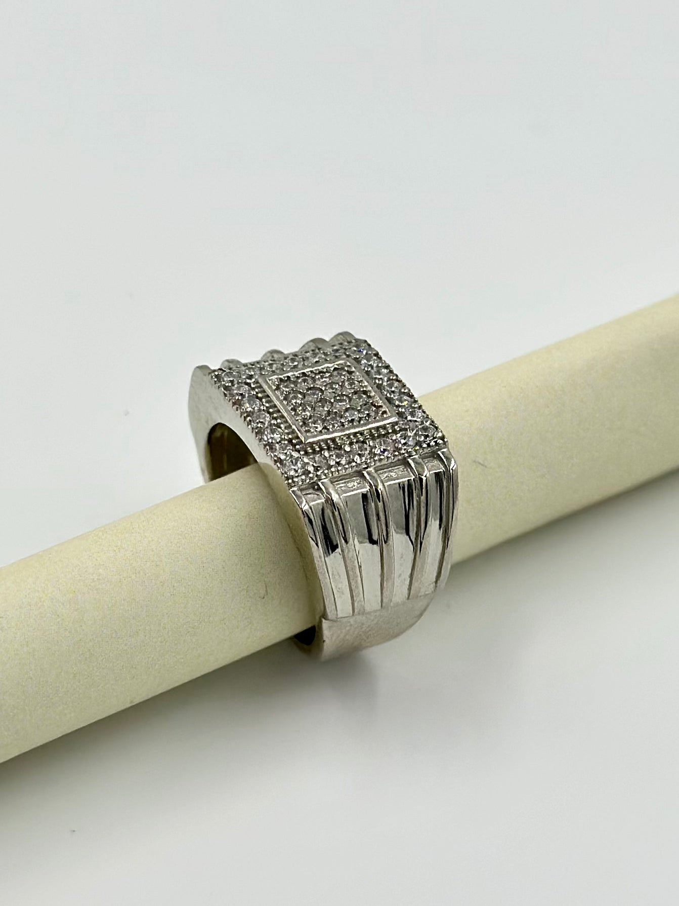 Zircon studded, square shaped sterling silver cocktail ring