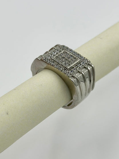 Zircon studded, square shaped sterling silver cocktail ring
