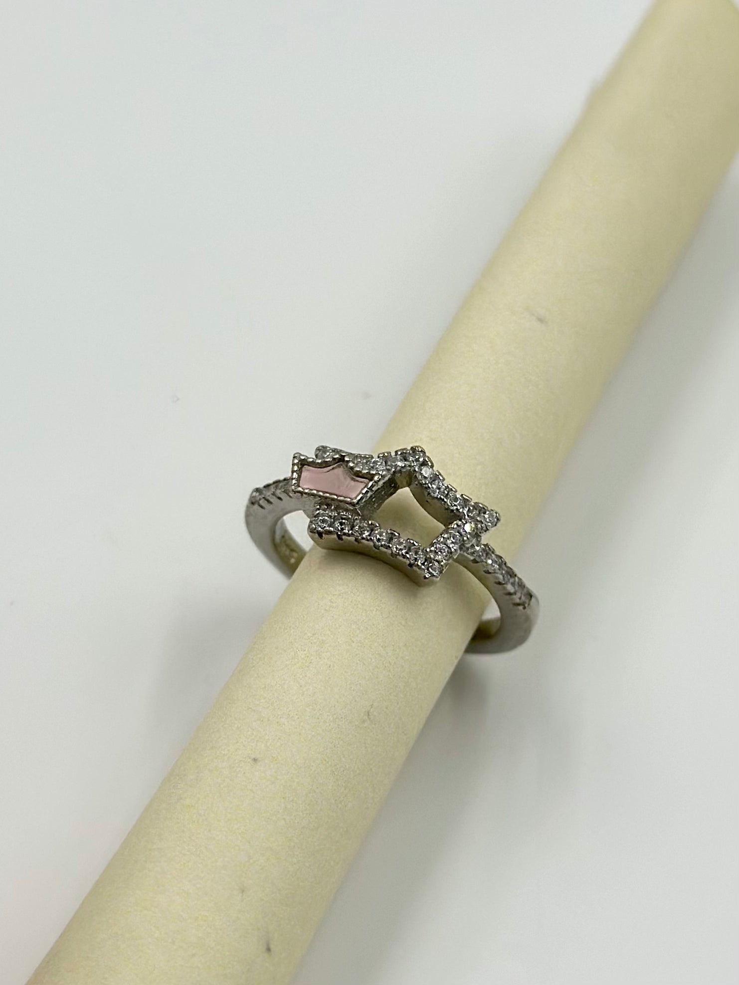 Zircon studded, double crown shaped sterling silver artisanal ring