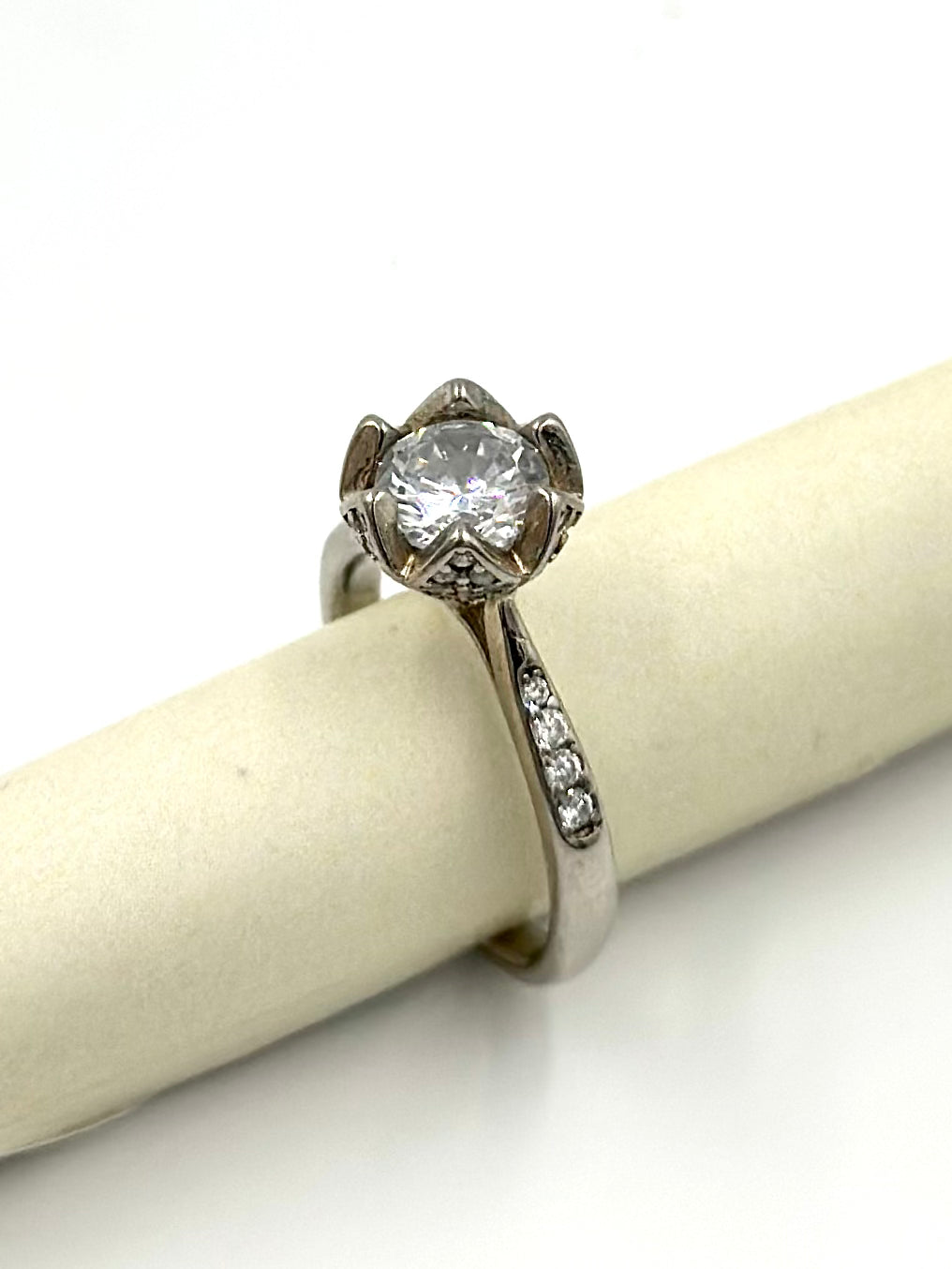 Zircon and stone studded, flower shaped sterling silver cocktail ring