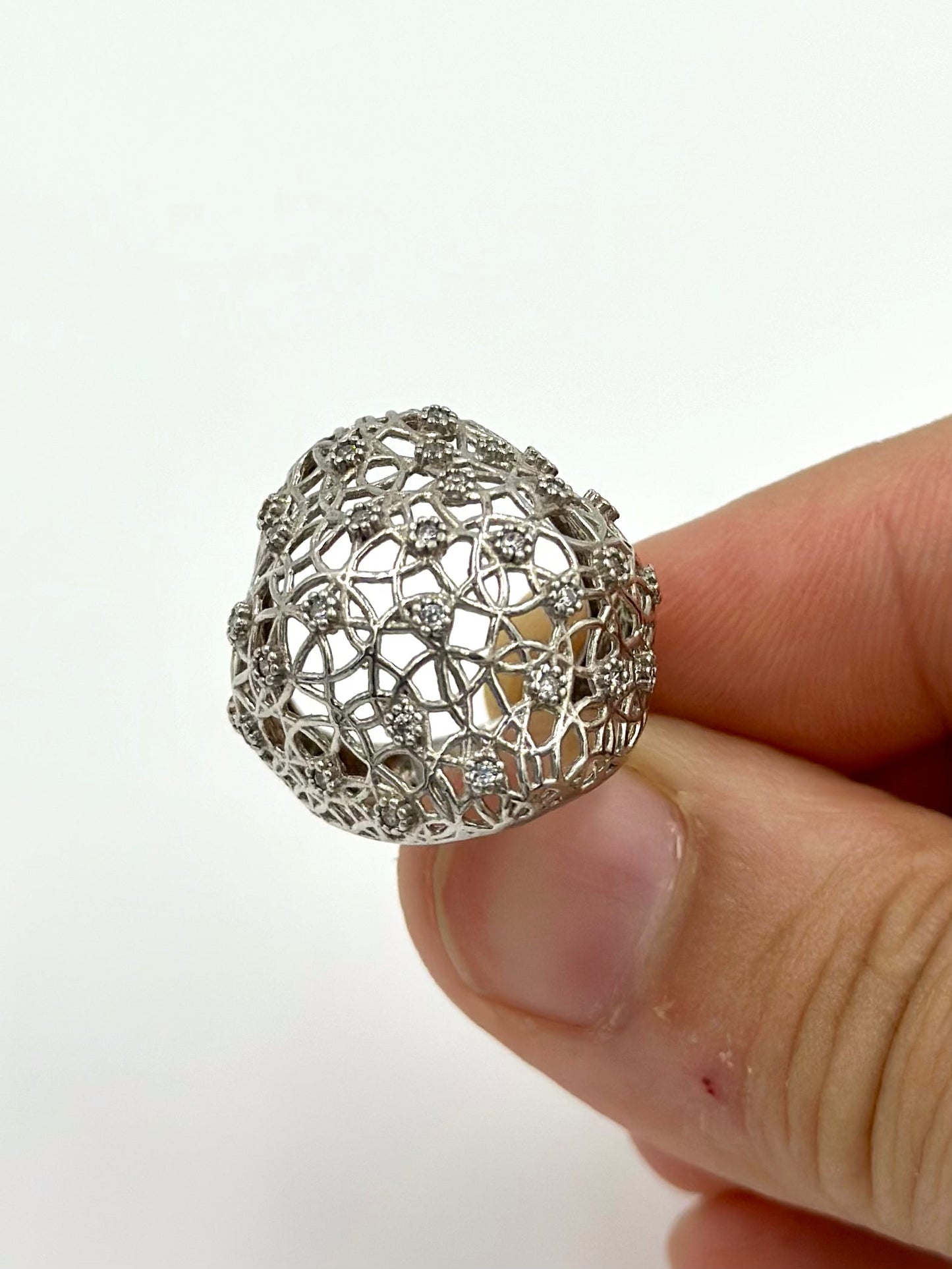 Zircon studded, mess design sterling silver cocktail ring