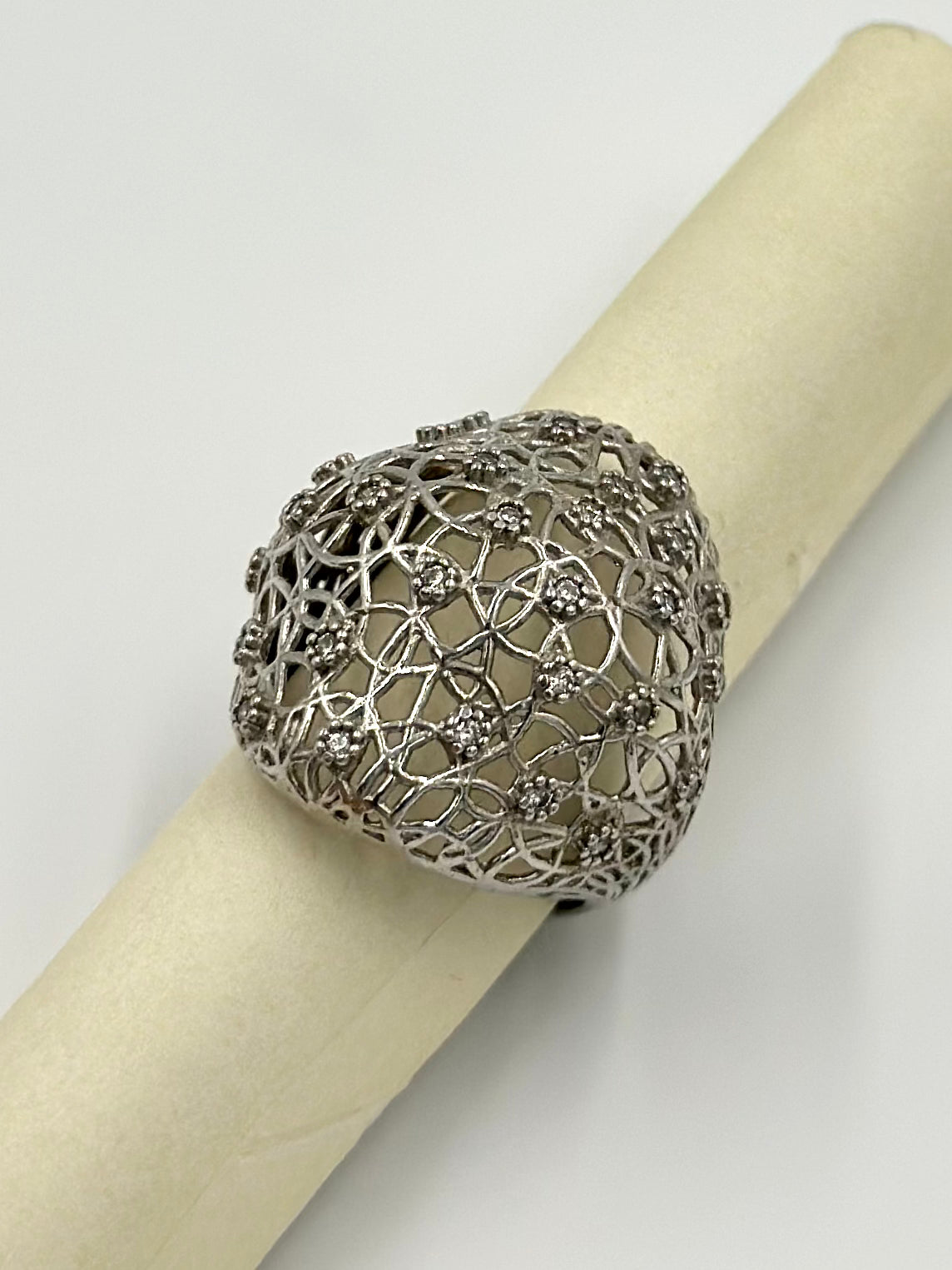 Zircon studded, mess design sterling silver cocktail ring