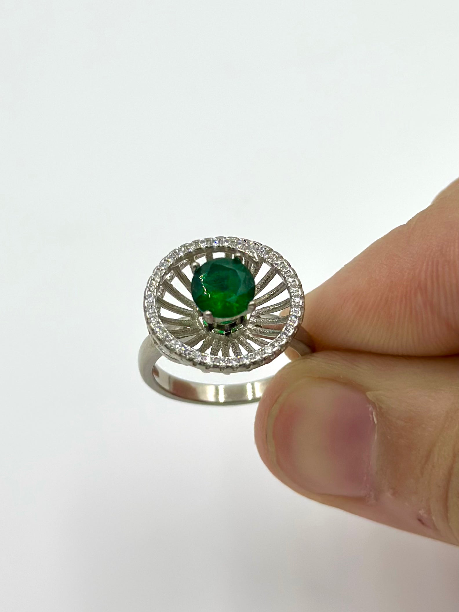 Zircon and stone studded, flower shaped with fidget spinner sterling silver cocktail ring