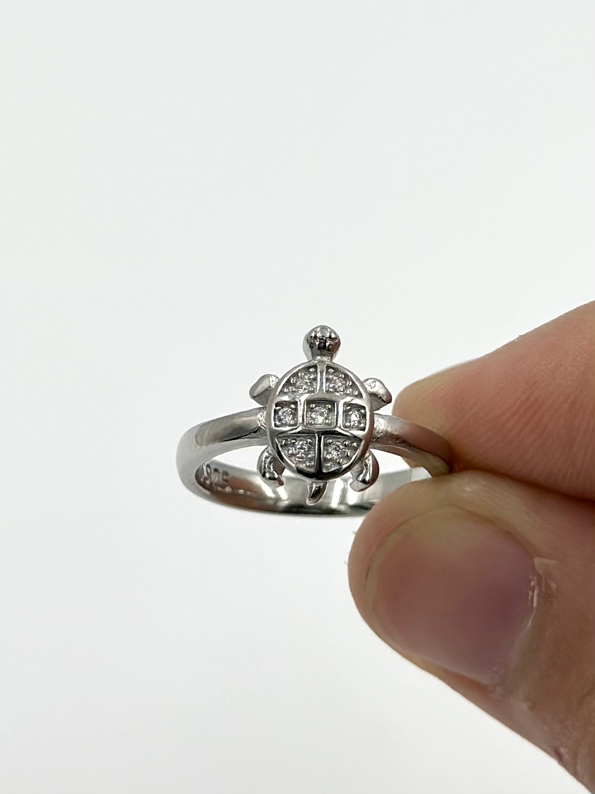 Zircon studded, turtle shaped sterling silver artisanal ring
